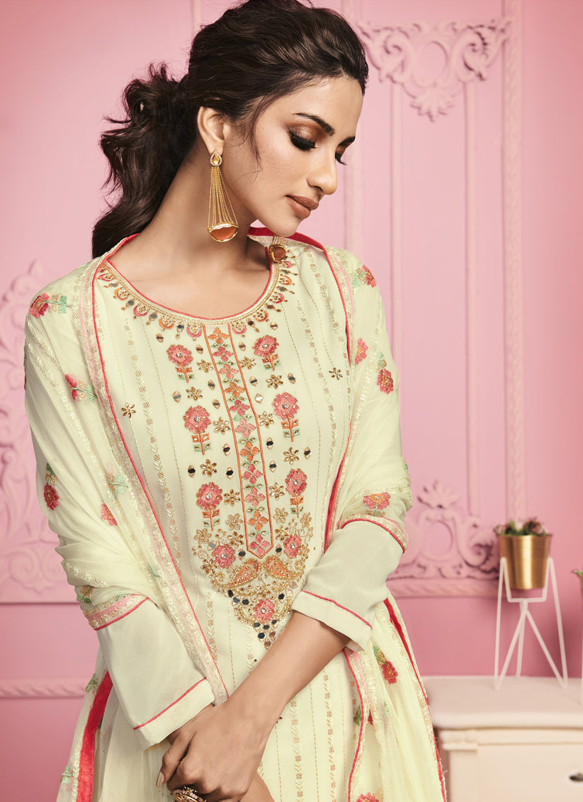Cream Georgette Embroidered Pant Kameez Set