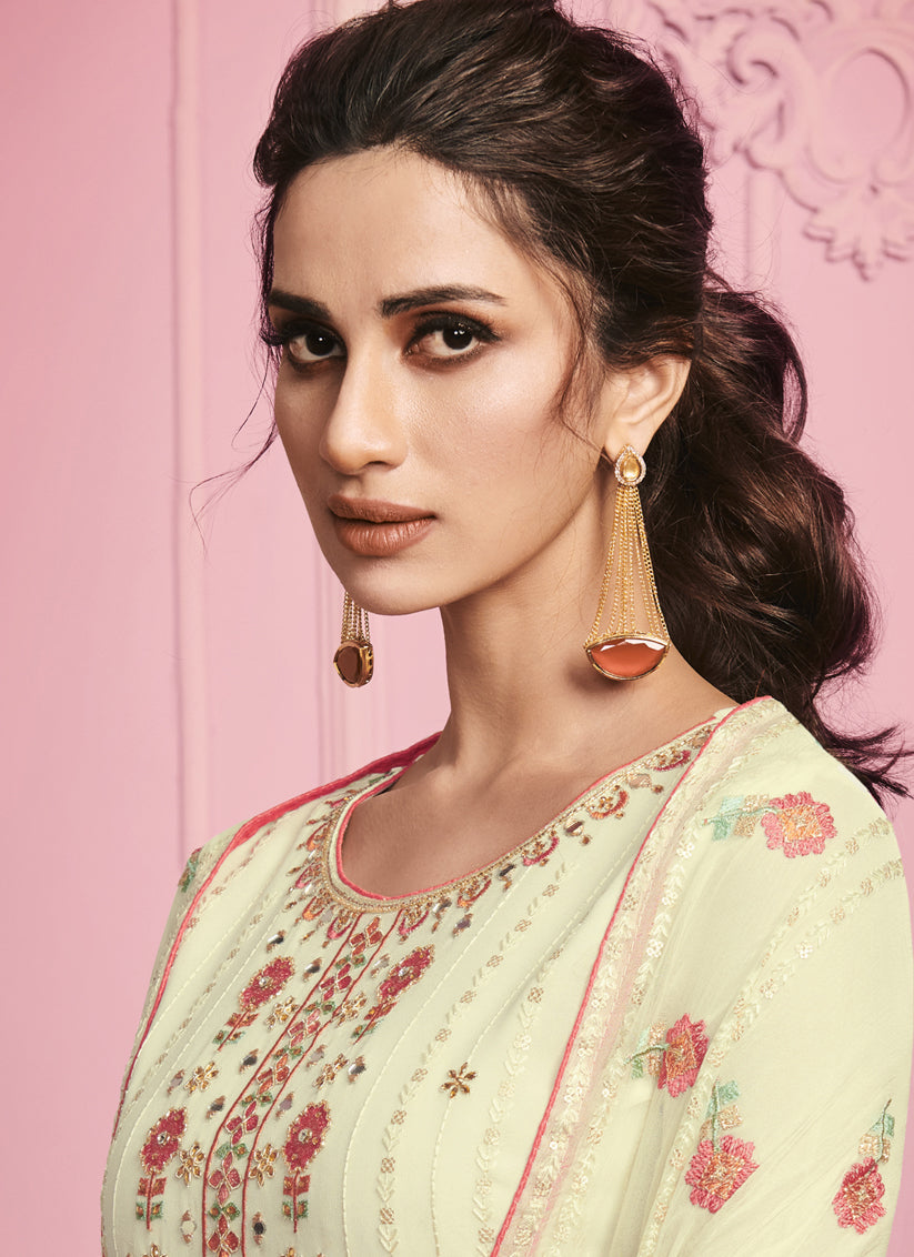 Cream Georgette Embroidered Pant Kameez Set
