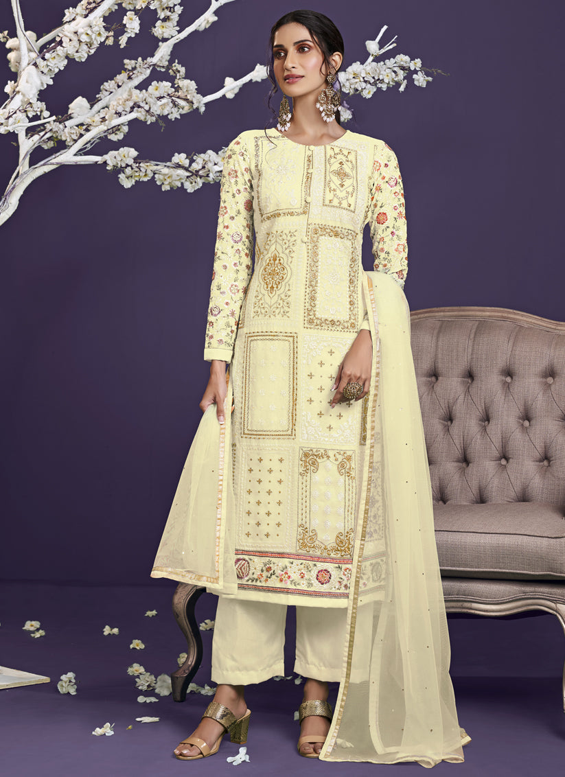 Cream Georgette Embroidered Pant Kameez Set