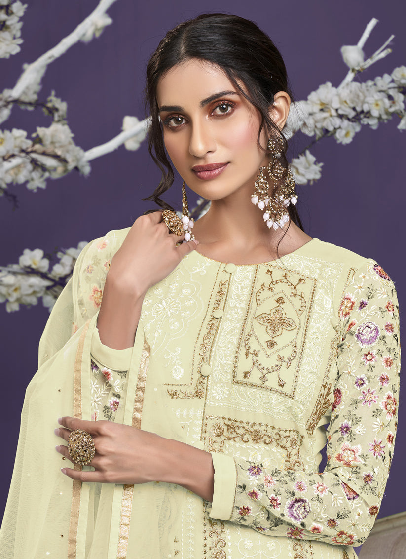 Cream Georgette Embroidered Pant Kameez Set