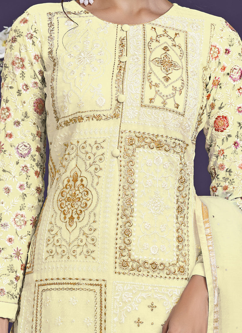 Cream Georgette Embroidered Pant Kameez Set