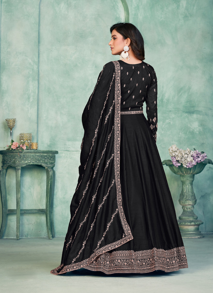 Black Art Silk Embroidered Anarkali Dress