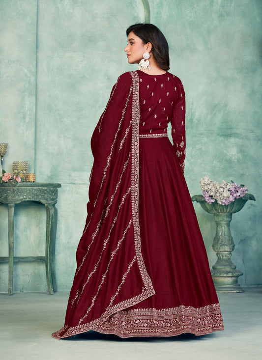 Maroon Art Silk Embroidered Anarkali Dress