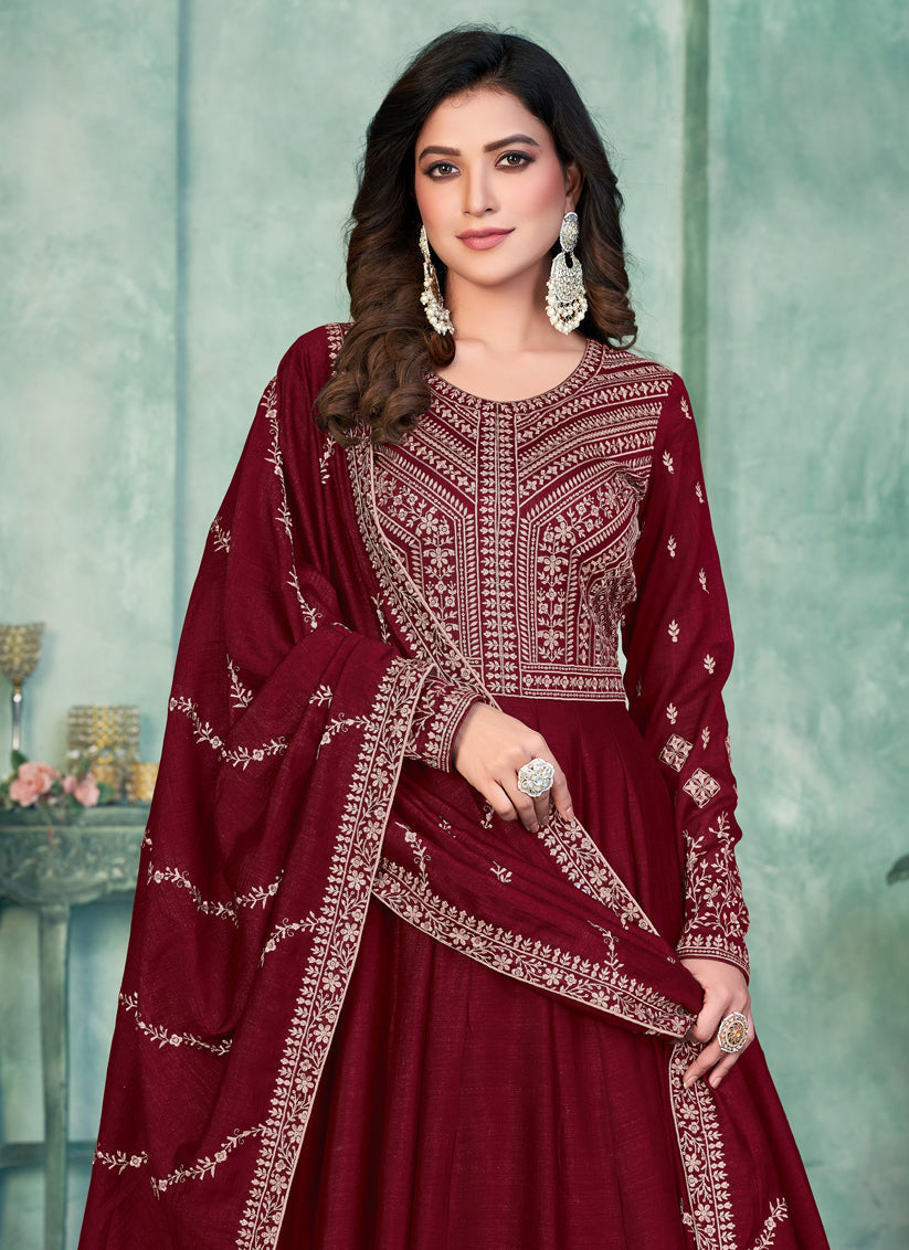 Maroon Art Silk Embroidered Anarkali Dress