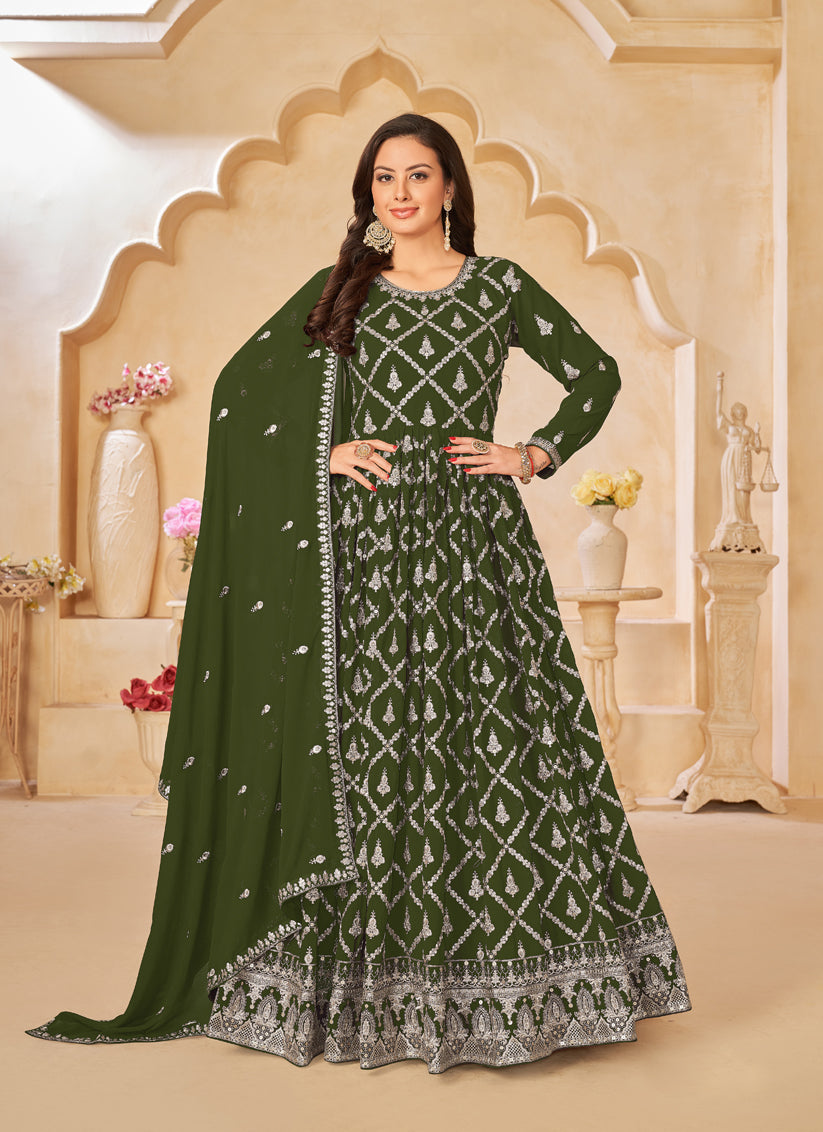 Mehendi Green Designer Embroidered Churidar Kameez Suit