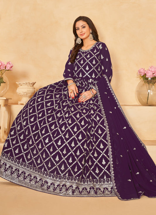 Purple Designer Embroidered Churidar Kameez Suit