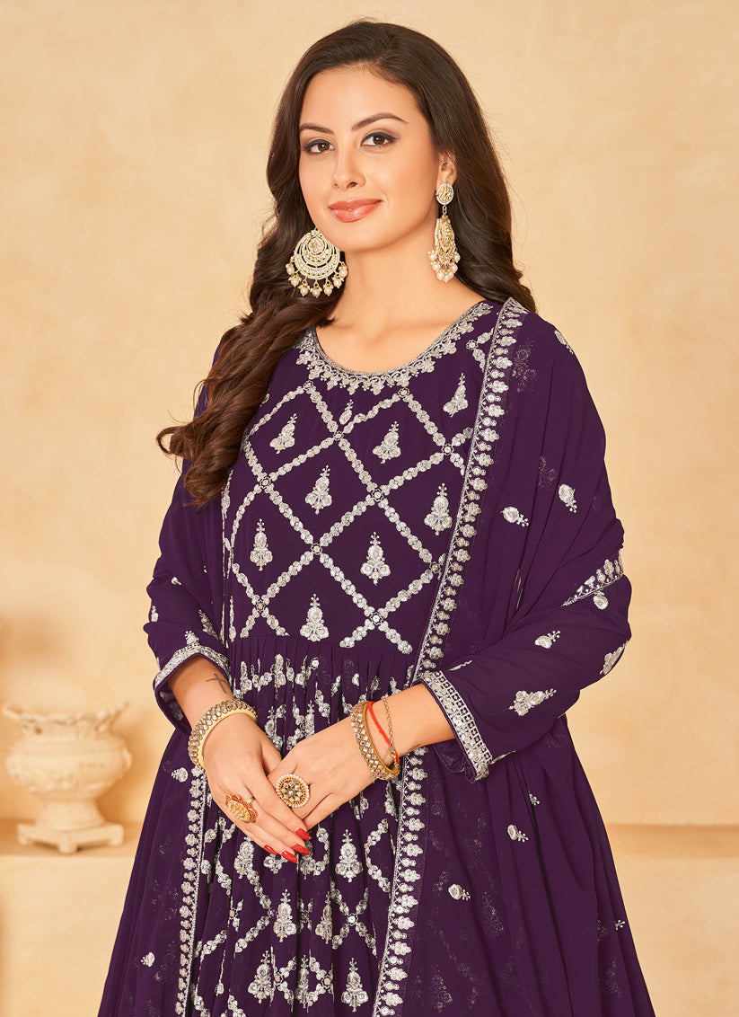 Purple Designer Embroidered Churidar Kameez Suit