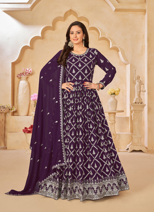 Purple Designer Embroidered Churidar Kameez Suit