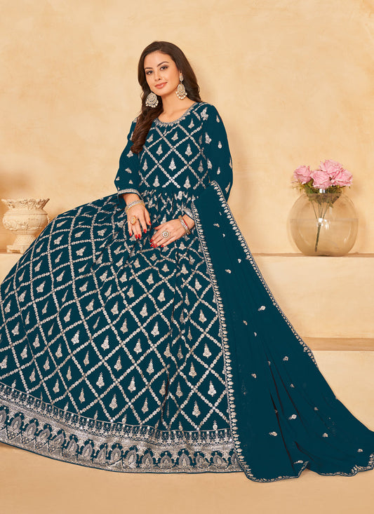 Teal Green Designer Embroidered Churidar Kameez Suit