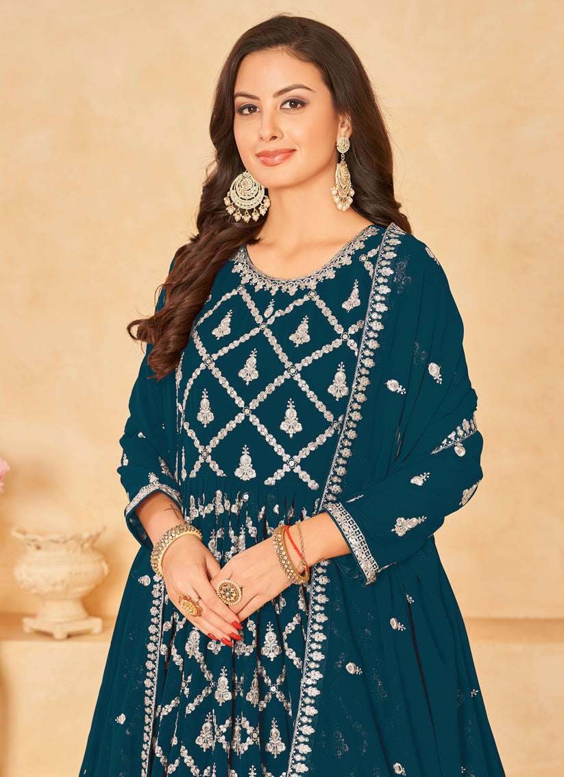 Teal Green Designer Embroidered Churidar Kameez Suit