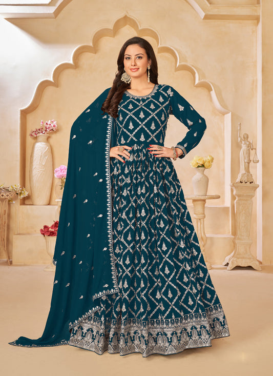 Teal Green Designer Embroidered Churidar Kameez Suit