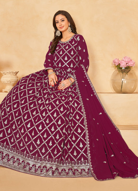 Wine Designer Embroidered Churidar Kameez Suit