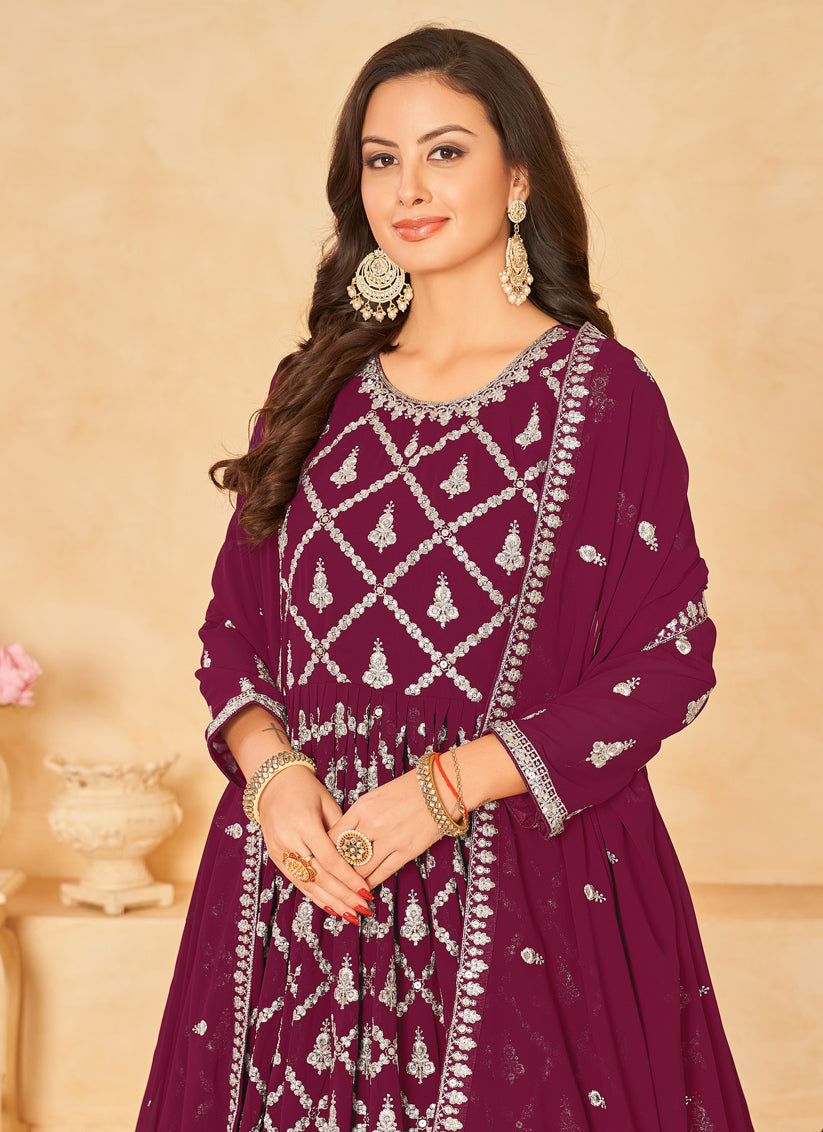Wine Designer Embroidered Churidar Kameez Suit