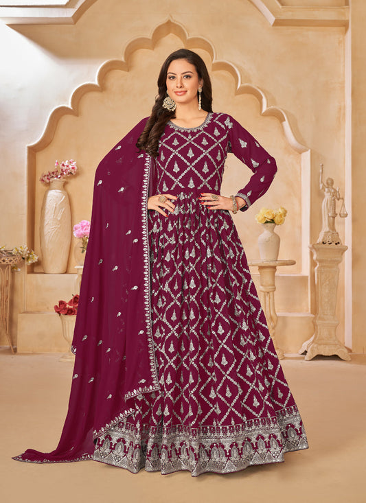 Wine Designer Embroidered Churidar Kameez Suit