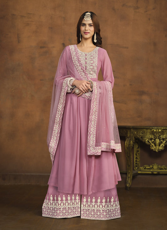 Carnation Pink Faux Georgette Embroidered Palazzo Kameez