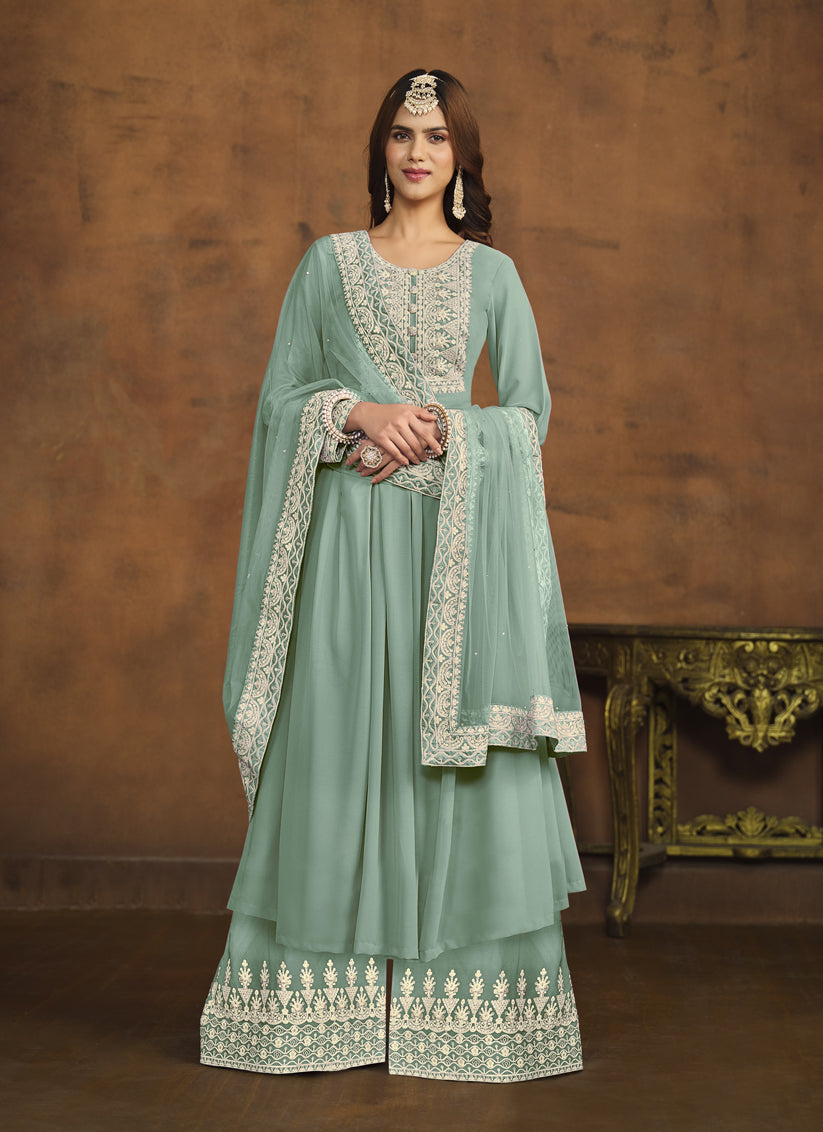 Mint Blue Faux Georgette Embroidered Palazzo Kameez