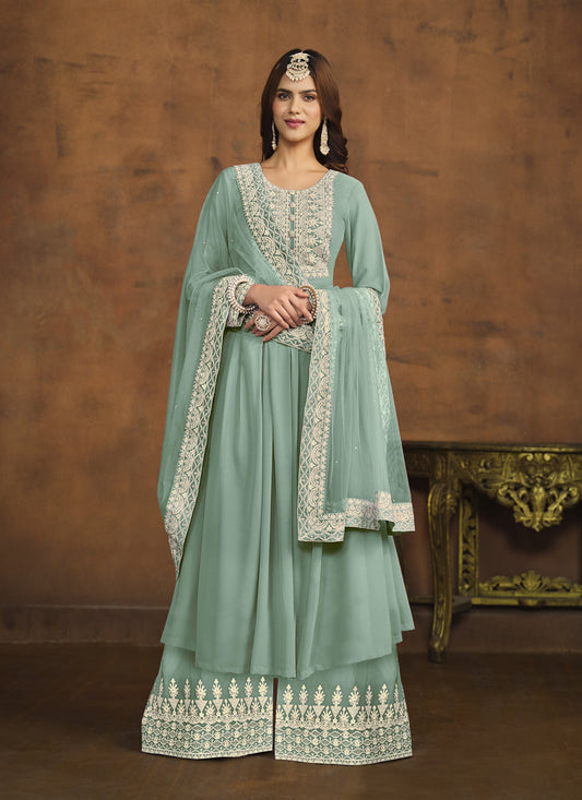 Mint Blue Faux Georgette Embroidered Palazzo Kameez