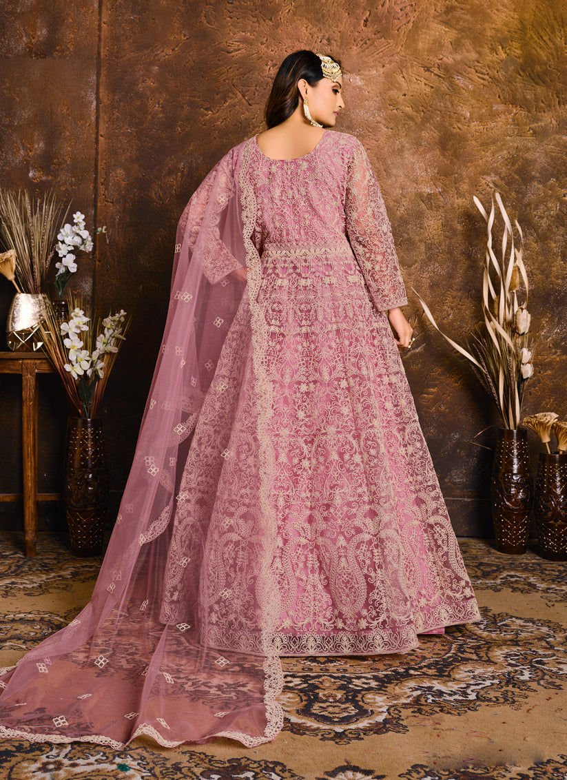 Carnation Pink Net Embroidered Designer Anarkali Suit