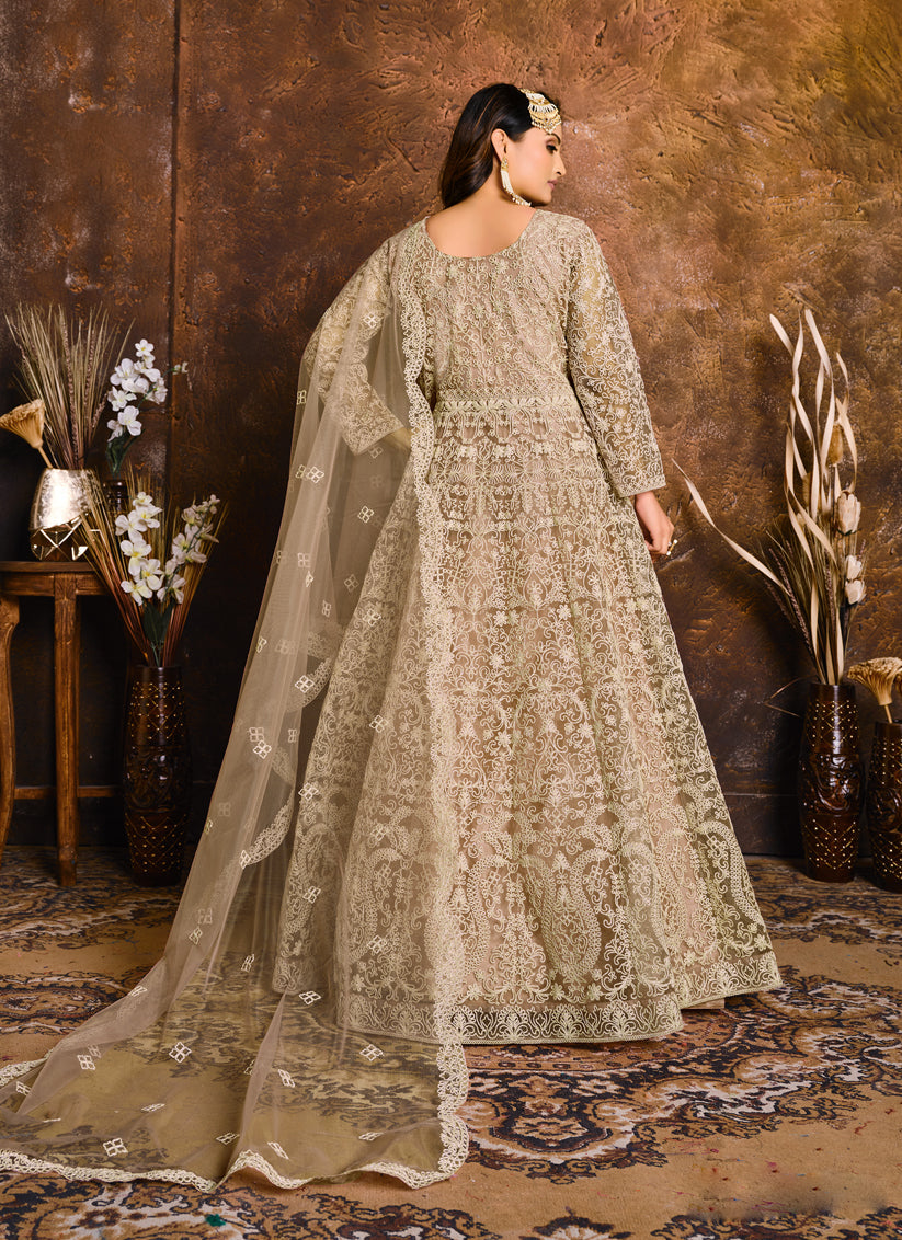 Dusty Grey Net Embroidered Designer Anarkali Suit