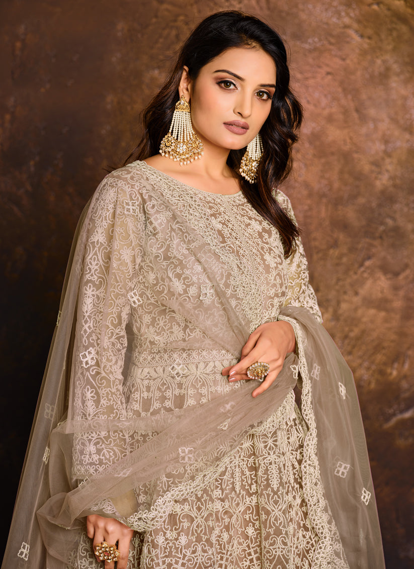 Dusty Grey Net Embroidered Designer Anarkali Suit