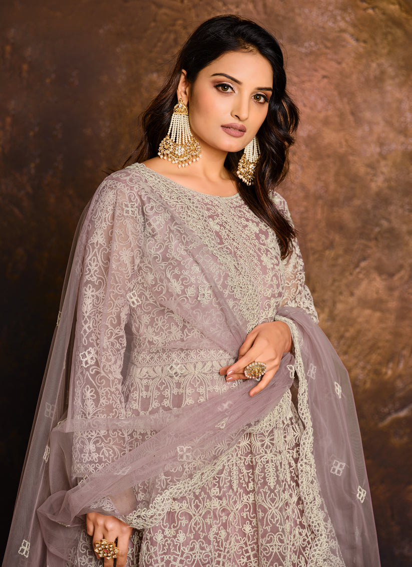 Lilac Net Embroidered Designer Anarkali Suit