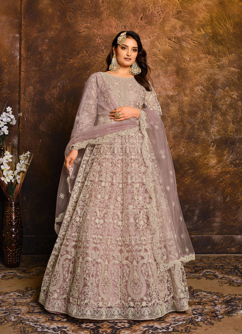 Lilac Net Embroidered Designer Anarkali Suit