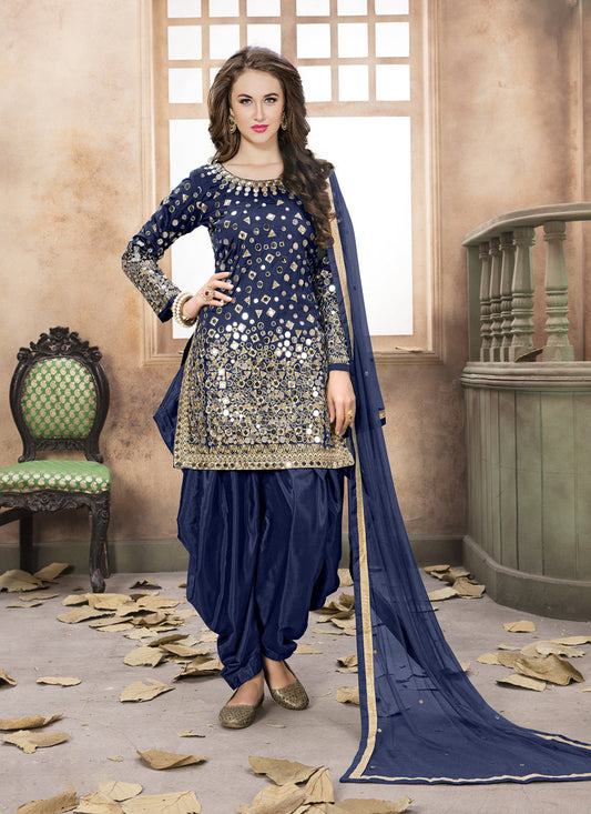 Navy Blue Mirror Work Patiala Suit