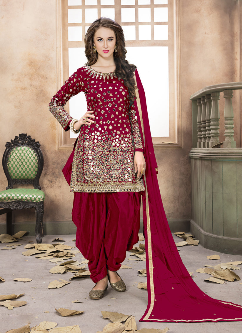 Cherry Red Mirror Work Patiala Suit