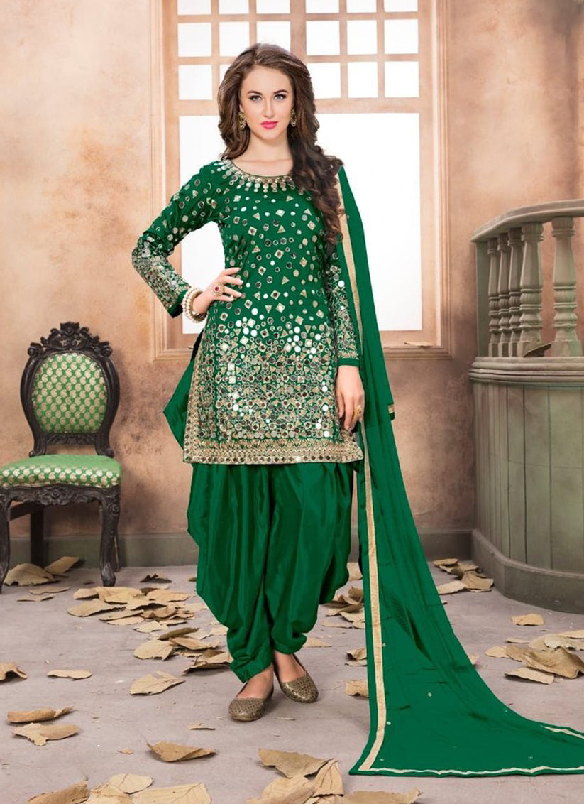 Bottle Green Mirror Work Patiala Suit