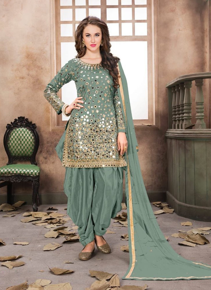 Teal Grey Mirror Work Patiala Suit