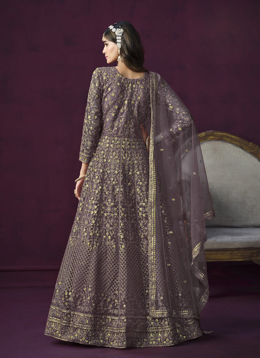Mauve Net Embroidered Designer Anarkali Suit for Wedding