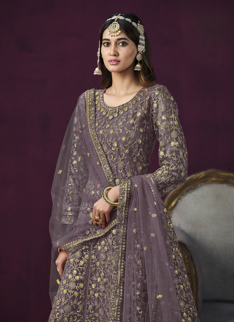 Mauve Net Embroidered Designer Anarkali Suit for Wedding