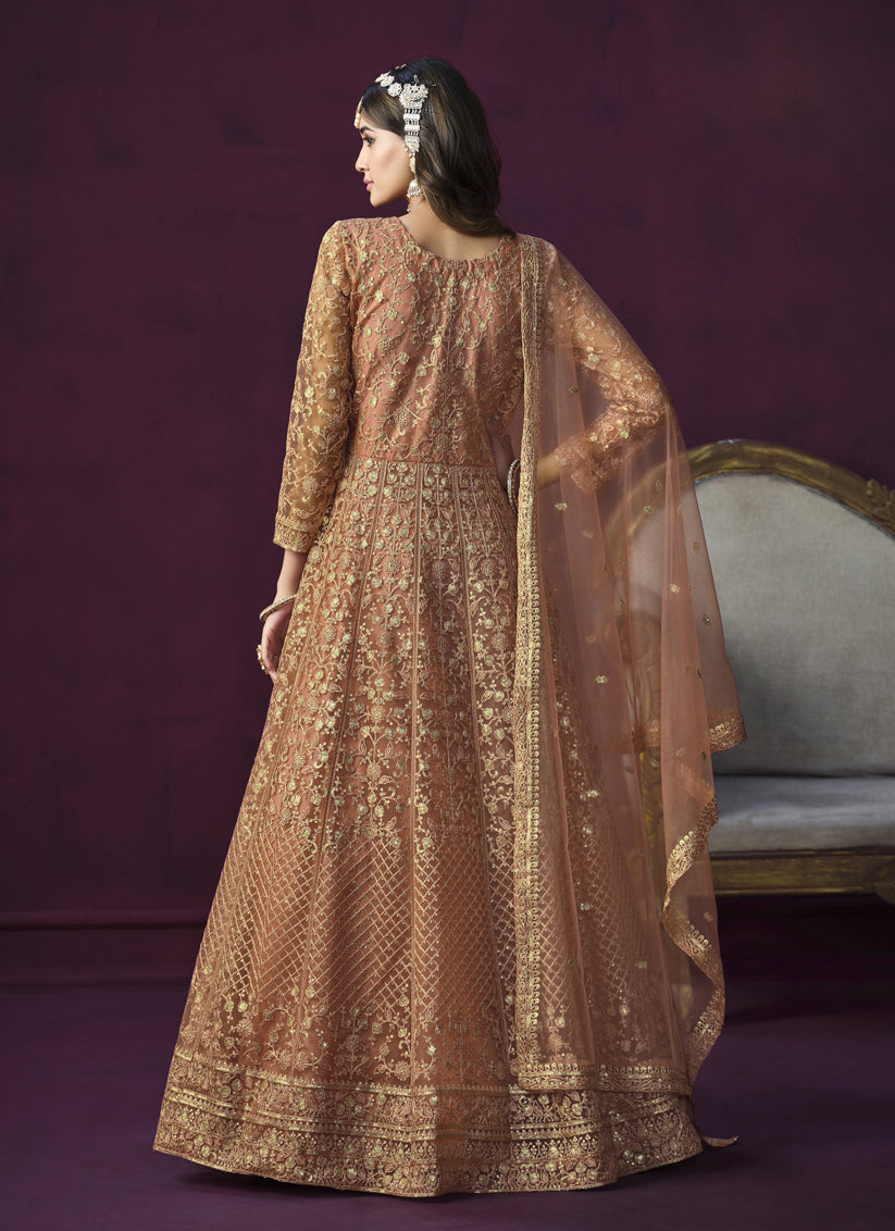 Peach Net Embroidered Designer Anarkali Suit for Wedding