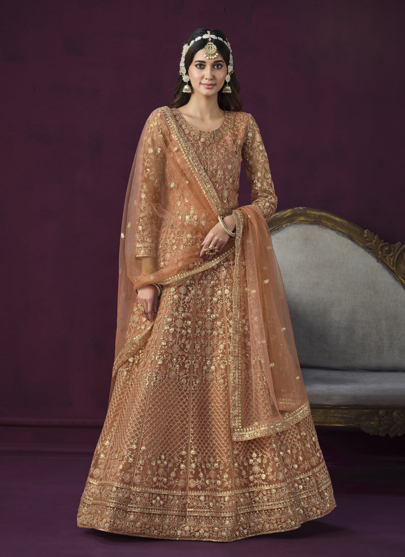 Peach Net Embroidered Designer Anarkali Suit for Wedding