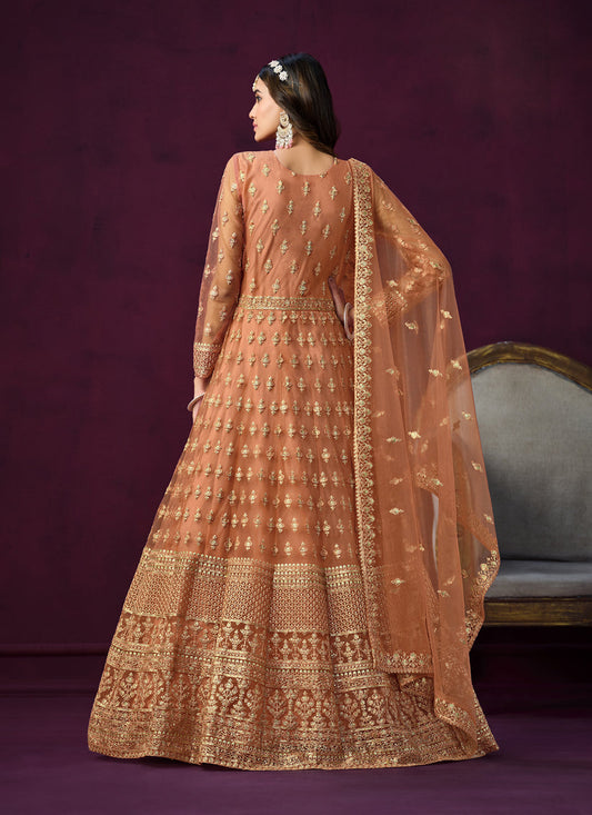 Salmon Orange Net Embroidered Anarkali Dress