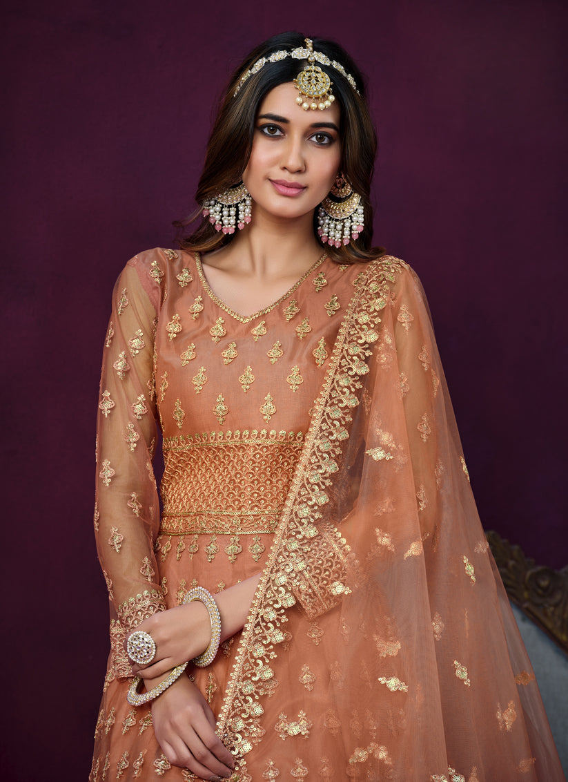 Salmon Orange Net Embroidered Anarkali Dress