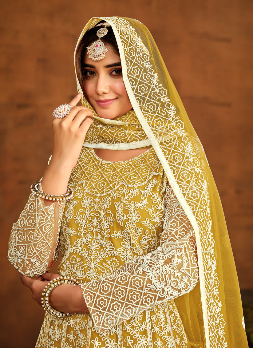 Maize Yellow Net Embroidered Anarkali Dress