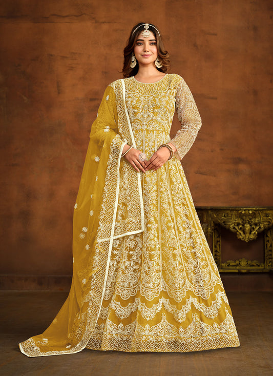 Maize Yellow Net Embroidered Anarkali Dress