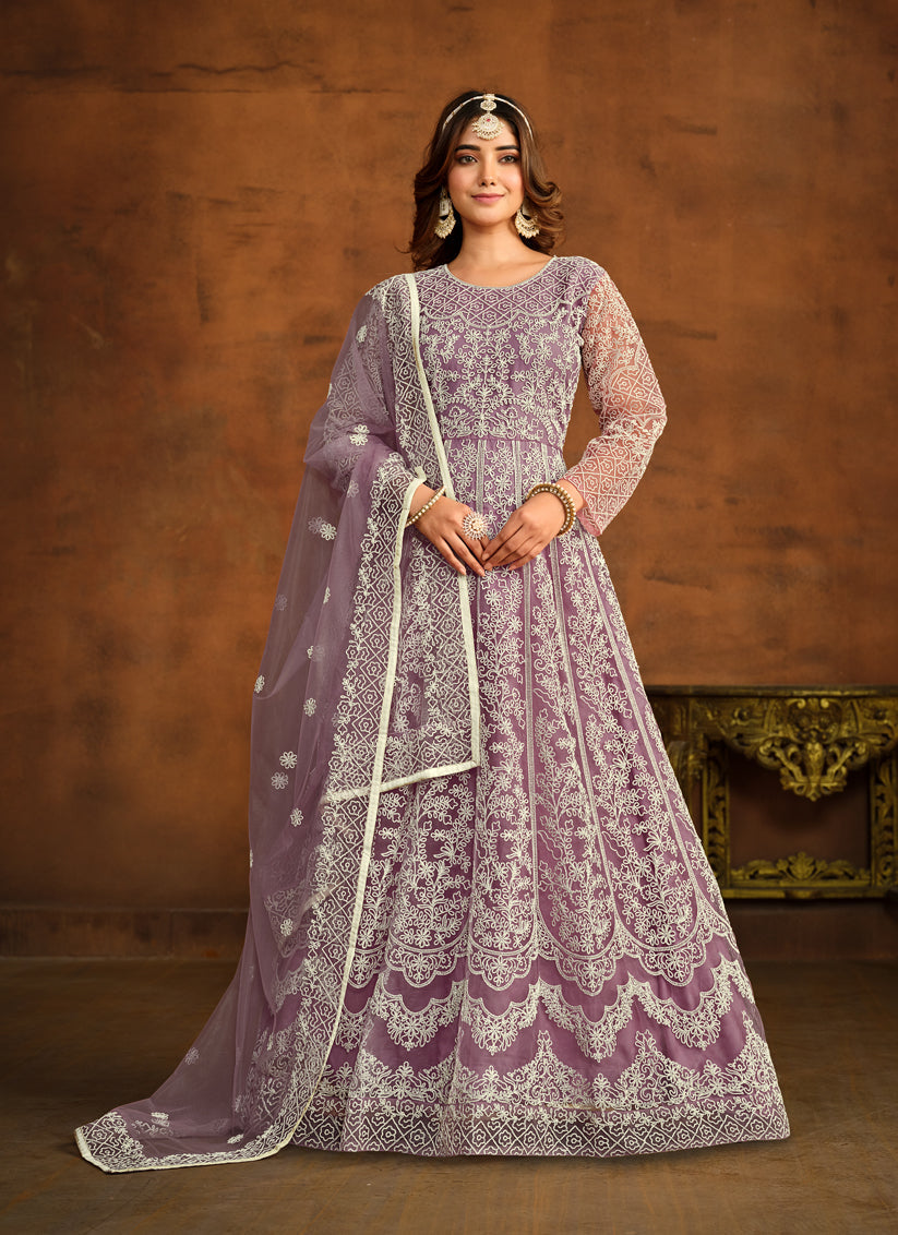 Mauve Net Embroidered Anarkali Dress