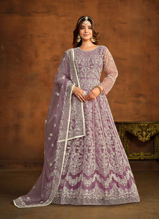 Mauve Net Embroidered Anarkali Dress