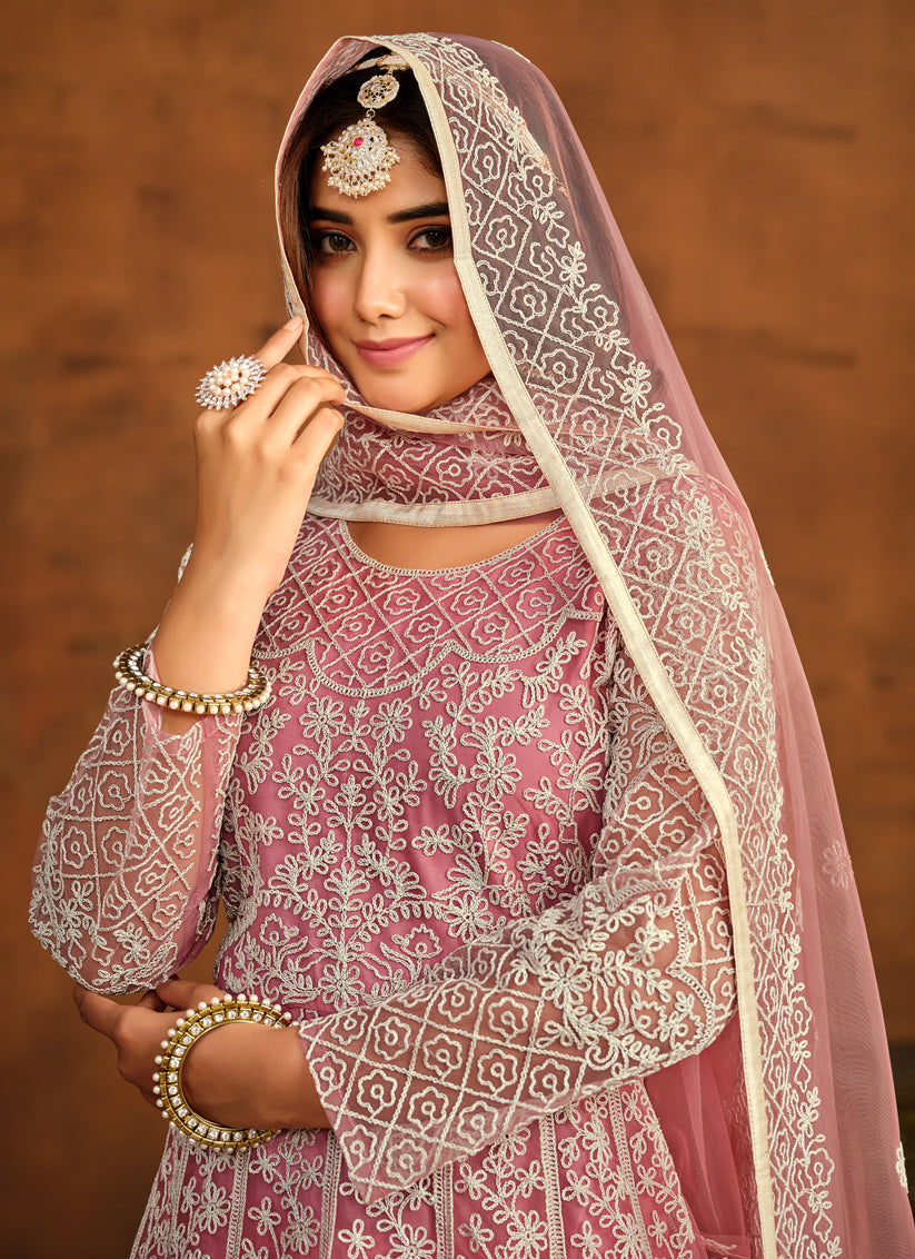 Carnation Pink Net Embroidered Anarkali Dress