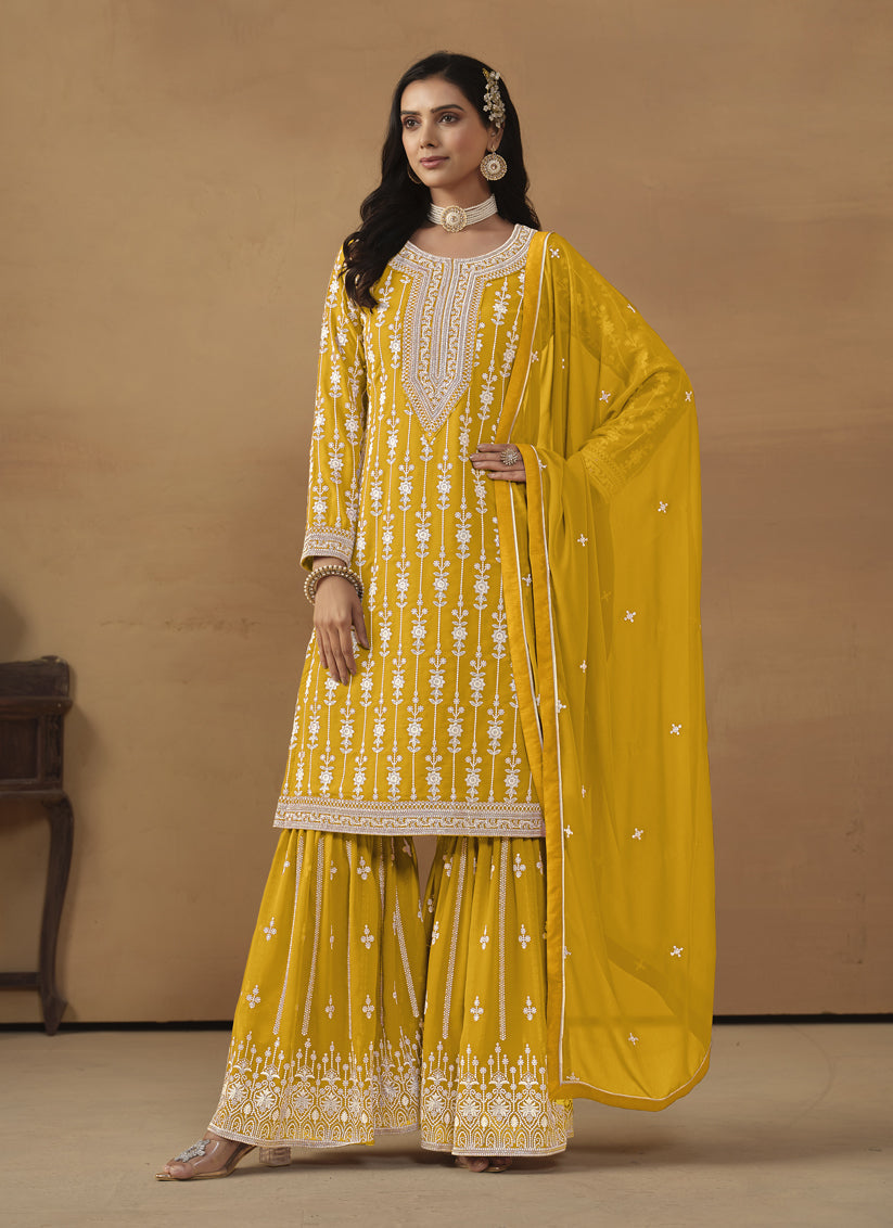 Mustard Faux Georgette Embroidered Sharara Kameez