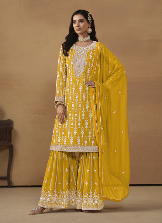 Mustard Faux Georgette Embroidered Sharara Kameez