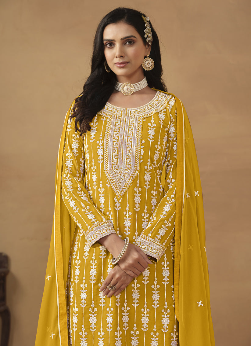 Mustard Faux Georgette Embroidered Sharara Kameez