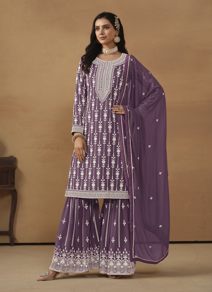 Amethyst Faux Georgette Embroidered Sharara Kameez
