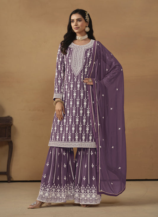 Amethyst Faux Georgette Embroidered Sharara Kameez