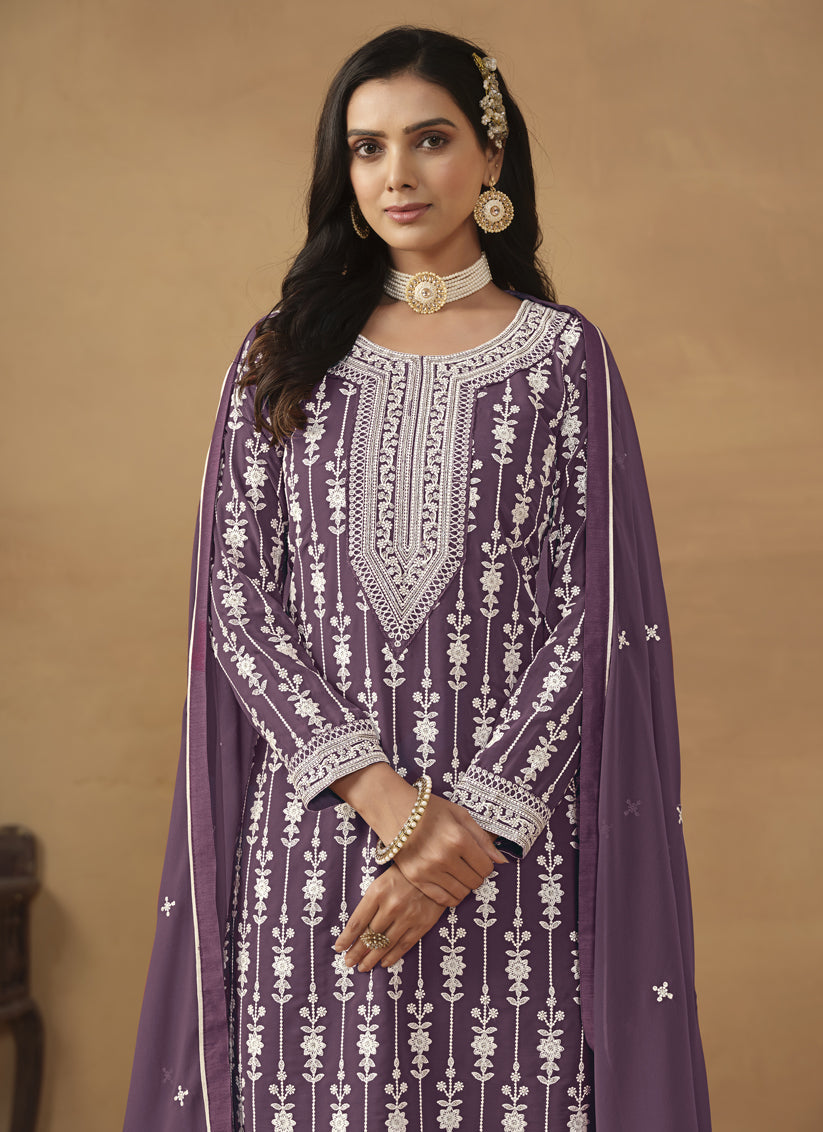 Amethyst Faux Georgette Embroidered Sharara Kameez
