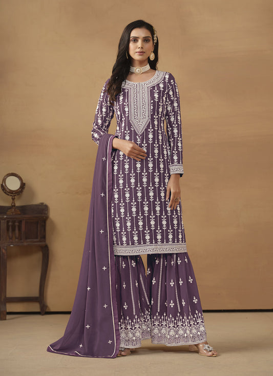 Amethyst Faux Georgette Embroidered Sharara Kameez