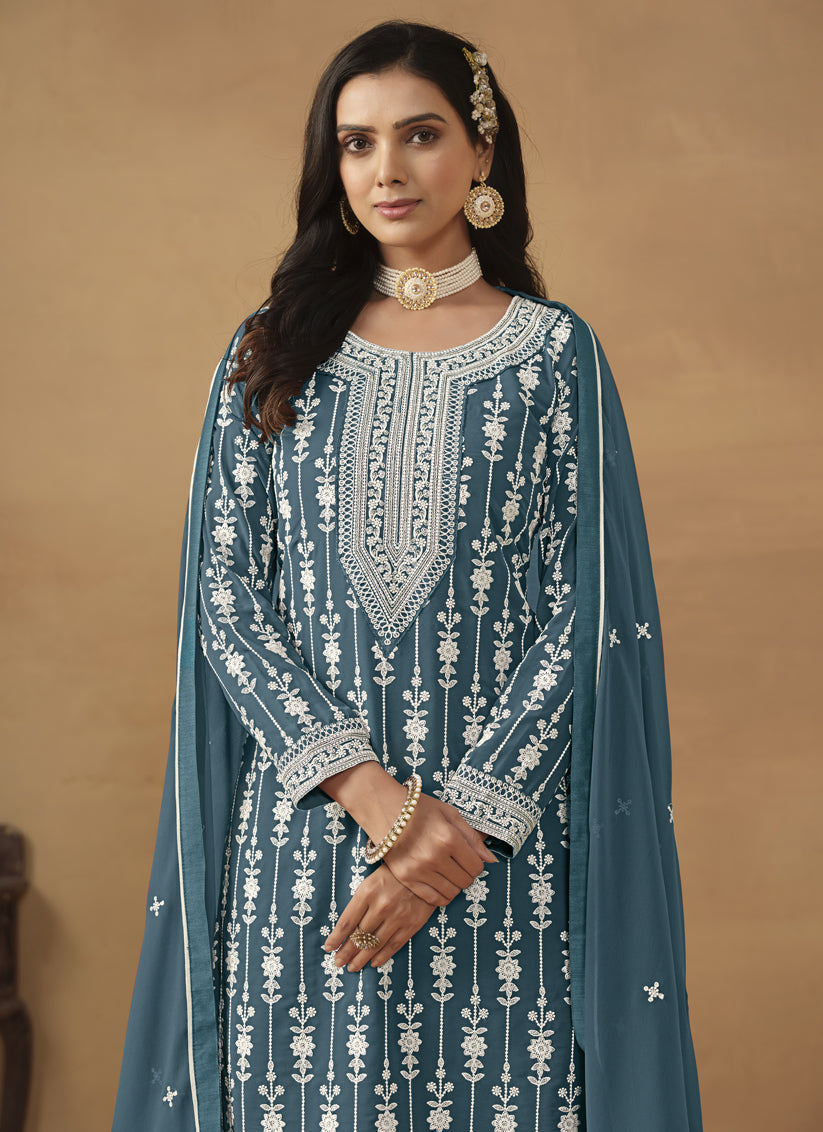 Teal Blue Faux Georgette Embroidered Sharara Kameez