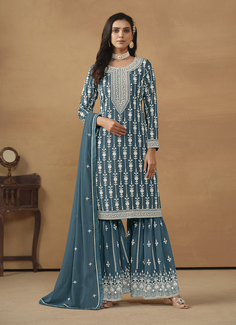 Teal Blue Faux Georgette Embroidered Sharara Kameez